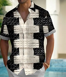 preiswerte -Herren Farbblock Hanfseil Hemd Sommerhemd Knopfhemd Kurzarm Modisch lässig Outdoor Urlaub Alltagskleidung Sommer Frühling Umlegekragen 3D-Druck Hemden mit Kragen Eine Tasche vorne Schwarz