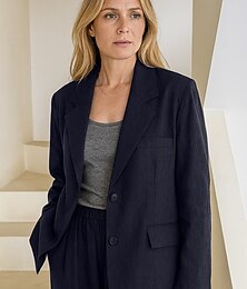 economico -Blazer da donna in lino e tencel, traspirante, con tasche e bottoni, elegante, vintage, moda, quotidiano, tinta unita, formale, da ufficio/carriera, casual, monopetto, revers a lancia, vestibilità