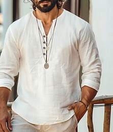 economico -Per uomo Camicia Camicia di lino Camicia Estiva Camicia da Spiaggia Tinta unica Vacanza Casuale Nero Bianco Blu Verde Manica Lunga Henley Estate Primavera Abbigliamento