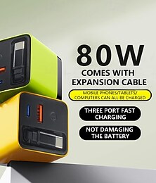 お買い得  -最新の GAN テクノロジー 80W 3 ポート急速充電器、引き込み式ケーブル付き - 超コンパクト - 冷気感知タッチコントロール - PD/QC 3.0 対応、iPhone 16/15/14/13/12/11、Samsung MacBook、iPad に対応