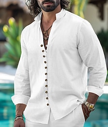 economico -Per uomo Camicia Camicia di lino Camicia Estiva Camicia casual Camicia con Bottoni Semplice Vacanza Crociera Nero Bianco Rosa Azzurro cielo Manica Lunga Colletto alla coreana Primavera & Autunno