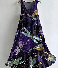 baratos -Mulheres Vestido Longo Vestidos Para o Verão Vestido A Line Vestido de decote vestido plissado Férias Casual Boho Festa Para Noite Praia Normal Floral Gráfico Libélula Sem Manga Decote U Roxo