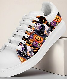 economico -sneakers bianche da uomo con motivo colorato di zucca e strega per costumi di Halloween, festival ed eventi a tema