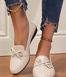 levne -Dámské krémové mokasíny z umělé kůže – pohodlné nazouvací boty na klínku s mašlí, ležérní elegantní boty do kanceláře, na nákupy i na každodenní nošení