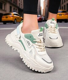 お買い得  -レディースのチャンキーな白と緑のスニーカー - 通気性のあるメッシュのレースアッププラットフォームトレーナー、ウォーキング、旅行、ストリートウェアに最適なカジュアルスポーツランニングシューズ