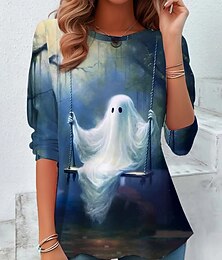 abordables -T-shirt pour femmes Halloween fantôme manches longues col rond tunique graphique sorcière vintage élégant tops réguliers impression quotidienne week-end bleu vert gris automne préautomne