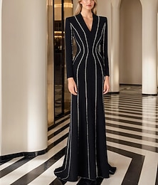 economico -Abito da Gala con Cristalli Nero Crystalline Abito Aderente  Colonna Abito da Sera Abito Tuxedo Formale per Festa Serale Lunghezza Piena Manica Lunga a V Poliestere con Cristalli