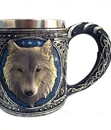 billige -Rustfritt stålkrus med 3D-ulvekonge-design, vintage dobbeltvegget kaffekopp, unik dyrehode-seidel, vannkrus til menn, bursdagsgave, hjemmekontor, drikkeglassdekor