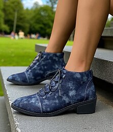 baratos -Botas femininas de cano curto jeans azul com cadarço – botas casuais com salto grosso para passeios no parque, saídas de fim de semana e uso diário
