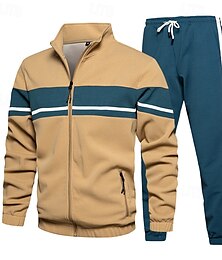 abordables -Hombre Sudadera Tracksuit Sudadera con cremallera completa Negro Verde Trébol Caqui Cuello Mao Bloque de color 2 Piezas Deporte Diario Festivos Poliéster Ropa de calle Básico Casual Primavera Otoño