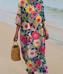 abordables -Femmes Robe Midi Robe Décontractée Robe Imprimée Mode Moderne Quotidien Plage Week-end Coupe régulière Fleuri Manche 3/4 Col ras du cou Bleu Vert Printemps Automne