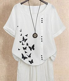 economico -Per donna Blusa Grafico Farfalla Essenziale Manica Corta Girocollo Top Regolari Ferie Bottoni Stampato Bianco Estate Primavera Autunno