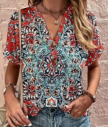 economico -Per donna Blusa Floreale Grafico Vintage Elegante Casual Manica Corta Scollo a V Top Regolari Quotidiano Bottoni Stampato Rosso Blu Verde Rosso e Rosa Rosso / blu Estate Primavera