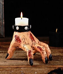 levne -Halloweenský svícen s motivem zombie ruky, pryskyřičná socha s useknutou rukou o průměru 10 cm na svíčky, strašidelná rekvizita s motivem strašidelného domu na párty nebo na stůl, hororová atmosféra,