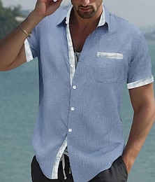 economico -Per uomo Camicia Camicia di lino Camicia Estiva Abbigliamento da spiaggia Tinta unica Vacanza Streetwear Blu Verde Grigio Manica Corta Collo ripiegato Estate Primavera Abbigliamento Tasca