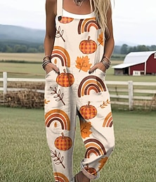 abordables -Mono de mujer de Halloween con estampado activo, sin mangas, pierna ancha, bolsillos, botones, vacaciones, calle, corte holgado, negro, naranja, beige, verano
