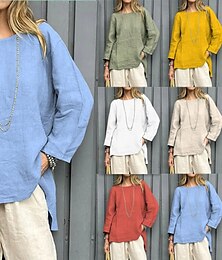 abordables -Femmes Chemisier Couleur Unie ancien Occasionnel Boho manche longue Col rond Hauts Réguliers Quotidien Week-end Patchwork Blanche Jaune Rouge Bleu Ciel Kaki Printemps, Automne, Hiver, Été