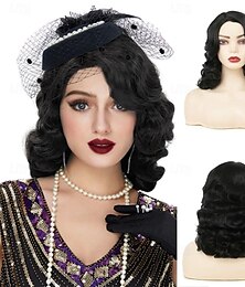 economico -Parrucca nera riccia con onde sulle dita per donna, lunga parrucca anni '20, parrucche vintage, parrucca sintetica da donna per costume da cosplay