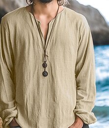 cheap -Men's Shirt Linen Shirt Summer Shirt Beach Shirt Solid Color Vacation Casual Black White Green Khaki Long Sleeve V Neck All Seasons Clothing Apparel Basic