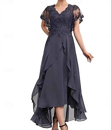 preiswerte -A-Linie Tee-Länge Partykleid Cocktailkleid Überrockkleid Kurzarm V Ausschnitt Elegant Formell Hochzeitsgast Chiffon Brautmutterkleid mit Einfarbig