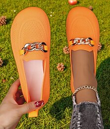 abordables -Mocassins Flyknit orange à bout large pour femme – chaussures plates décontractées, confortables et respirantes avec chaîne en métal, idéales pour le shopping, le travail et les promenades dans le jardin