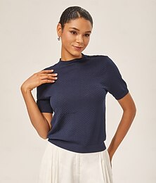 preiswerte -Damen Weiblich Zopfstrick-Poloshirt Einfach Lässig T-Shirt Ärmel Marineblau Kurzarm Elegant Modern Rundhalsausschnitt Sommer Herbst