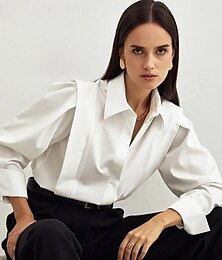 お買い得  -女性用 シャツ 純色 エレガント 日常 スタイリッシュ 長袖 パフスリーブ シャツカラー レギュラートップス ワーク 日常 祝日 フリル ブラック ホワイト 春 秋