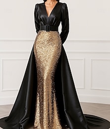 abordables -Vestido de noche elegante de corte A en dorado negro, vestido formal para boda, largo hasta el suelo, manga larga, cuello en V, cinturón/faja de satén con lentejuelas brillantes 2025