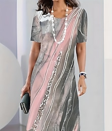 abordables -Robe midi élégante de soirée pour femmes col rond manches courtes robe décontractée A-line robe d'été coupe régulière graphique ombragé noir rose bleu ciel bleu foncé