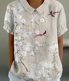 economico -Per donna Camicia Floreale Quotidiano Casual Manica Corta Colletto a Camicia Top Regolari Quotidiano Ferie Bottoni Stampato Cachi Estate Primavera