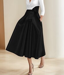 economico -Abiti Cocktail A-Line Abito Elegante Formale Matrimonio Lunghezza Tè Lunghezza Midi Mezza Manica Scollo a V Pieghe Satin con Tasca e Fiocco