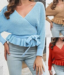 economico -Per donna Maglione Casual Tinta unica Spesso Scollo a V Lavorato a maglia Manica Lunga Top corti Maglia Quotidiano Ferie Uscire Giallo Rosso Autunno Inverno