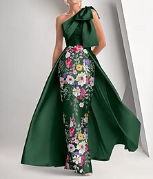 ieftine -Rochie de seară A-Line brodată florală elegantă rochie formală pentru nuntă lungime până la podea fără mâneci o umăr satin cu fundiță  fundițe de despicătură
