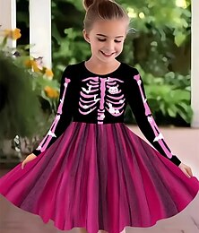 ieftine -Halloween Girls ' 3D Cranii Rochie Manșon Lung Vară Primăvară Vacanță Zilnic Concediu Prințesă Frumoasa Dulce Copii 4-12 ani Rochie casual Rochie A line Lungime Genunchi Fit regulat