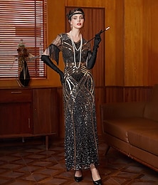 preiswerte -Retro Vintage Goldene Zwanziger 1920er Knöchellänge Flapper Kleid Cocktailkleid Abschlussballkleid Der große Gatsby Flapper-Mädchen Pailletten Fransen V Ausschnitt Damen Weihnachten Halloween Karneval