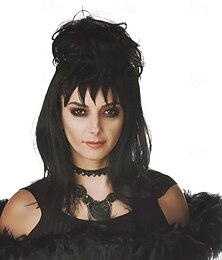 baratos -Peruca de Fantasia Beetlejuice 2 Lydia Deetz Peruca de Festa Noiva Coqué Cacheada Preta Média Longa Reta com Franjas Acessórios de Fantasia para Carnaval Perucas de Halloween
