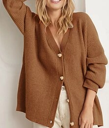 billige -Dame Genser Kofte Elegant Mote Gatemote Ren farge V-hals Lomme Strikket Langermet Vanlige topper Strikke utendørs Daglig Helg Svart Hvit Høst Vinter