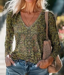 economico -Per donna Blusa Floreale Bohemien Quotidiano Manica Lunga Scollo a V Top Regolari Quotidiano Ferie Stampato Nero Bianco Viola Verde Albicocca Estate Primavera Autunno