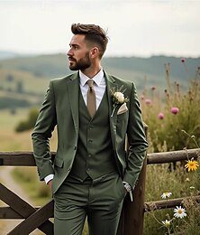 abordables -Trajes de boda de negocios para hombres negro salvia moda formal verano de color sólido ajuste estándar 3 piezas de un solo botón