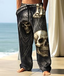 abordables -Pantalons décontractés baggy pour hommes pantalons à taille élastique avec cordon pantalons semblables à du lin avec poches costumes de crâne et squelette longueur complète style gothique sombre noir