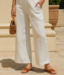 abordables -Pantalon chino femme en coton et lin à jambes larges, style ethnique, basique, décontracté, pleine longueur, taille moyenne, uni, avec poches, confortable, extérieur, inélastique, décontracté, quotidien, noir, blanc, vert, kaki, été, printemps, coupe clas