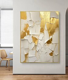 お買い得  -手作りの油絵キャンバス壁アート装飾、大きな白と金の抽象画、家の装飾用、枠張り、吊り下げ絵画/ロール、枠なし、未枠張り絵画