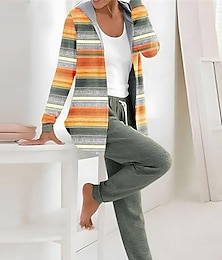 economico -Per donna Quotidiano Felpa con Cappuccio Manica Lunga Con Cappuccio Grafico A righe Foglie Cerniera Coulisse Stampato Casuale Giallo Rosa Cachi Autunno Vestibilità regolare