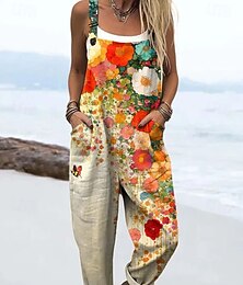 abordables -Femmes Salopette Actif Fleuri Sans manches Sans manches Sarouel Avec Poches Boutons Vacances Rue Coupe Ample Blanche Jaune Vert Claire Été