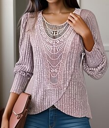 economico -Per donna Camicia di Pizzo Tinta unica Elegante Casual Manica Lunga Girocollo Top Regolari Quotidiano Pizzo Patchwork Rosa Blu Grigio Estate Primavera Autunno