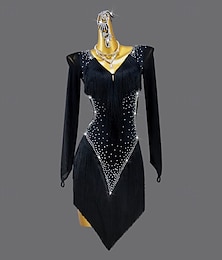 economico -Vestito da ballo latino, da donna, per spettacoli di salsa, con nappa, a maniche lunghe, per rumba, samba, cha cha, festa, abbigliamento da ballo per palcoscenico
