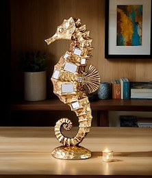 abordables -Figura decorativa de caballito de mar con espejo de resina, escultura creativa moderna para decoración del hogar con superficie de espejo incrustada, regalo festivo, decoración de mesa de fiesta y