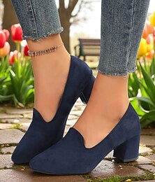 preiswerte -Blaue Damenschuhe mit Blockabsatz – elegante Pumps aus Wildlederimitat für halbformelle Zusammenkünfte, Gartenpartys im Landhausstil und Sonntage in der Kirche