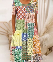 ieftine -Pentru femei Rochii Midi Rochie de schimb Rochie A line Rochie de vară Vacanță Casual Fit regulat Floral Grafic Geometric Manșon scurt Stil Nautic Galben Roz Îmbujorat Roșu-aprins Albastru piscină