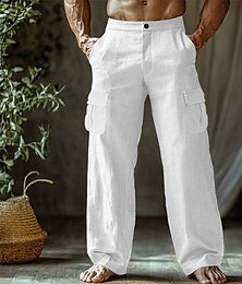 abordables -Hombre Pantalones de lino Pantalones Pantalones de verano Pantalones de playa Pierna recta Bolsillo con solapa Plano Comodidad Transpirable Vacaciones Diario Festivos Hawaiano Boho Negro Blanco